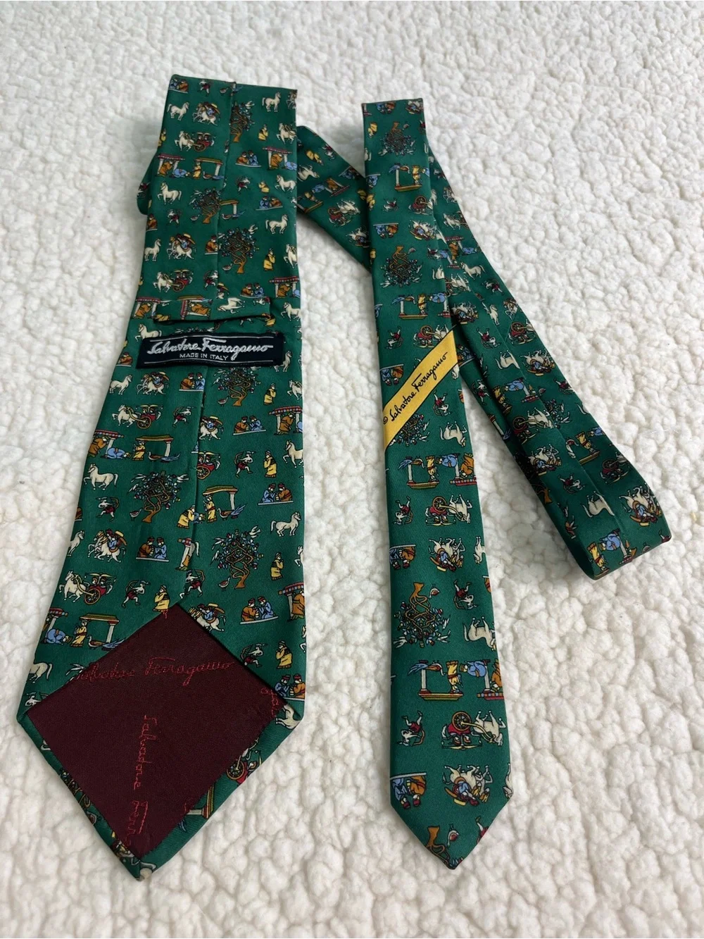 Salvatore Ferragamo Human History Silk Tie Green Novelty Horse Chariot Italy